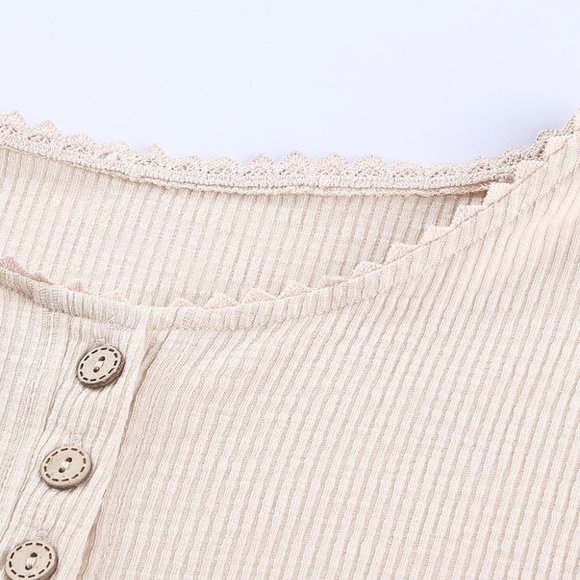 1 Left! Beige Button Top w/Crochet Lace Sleeve Hem - Picture 8 of 12